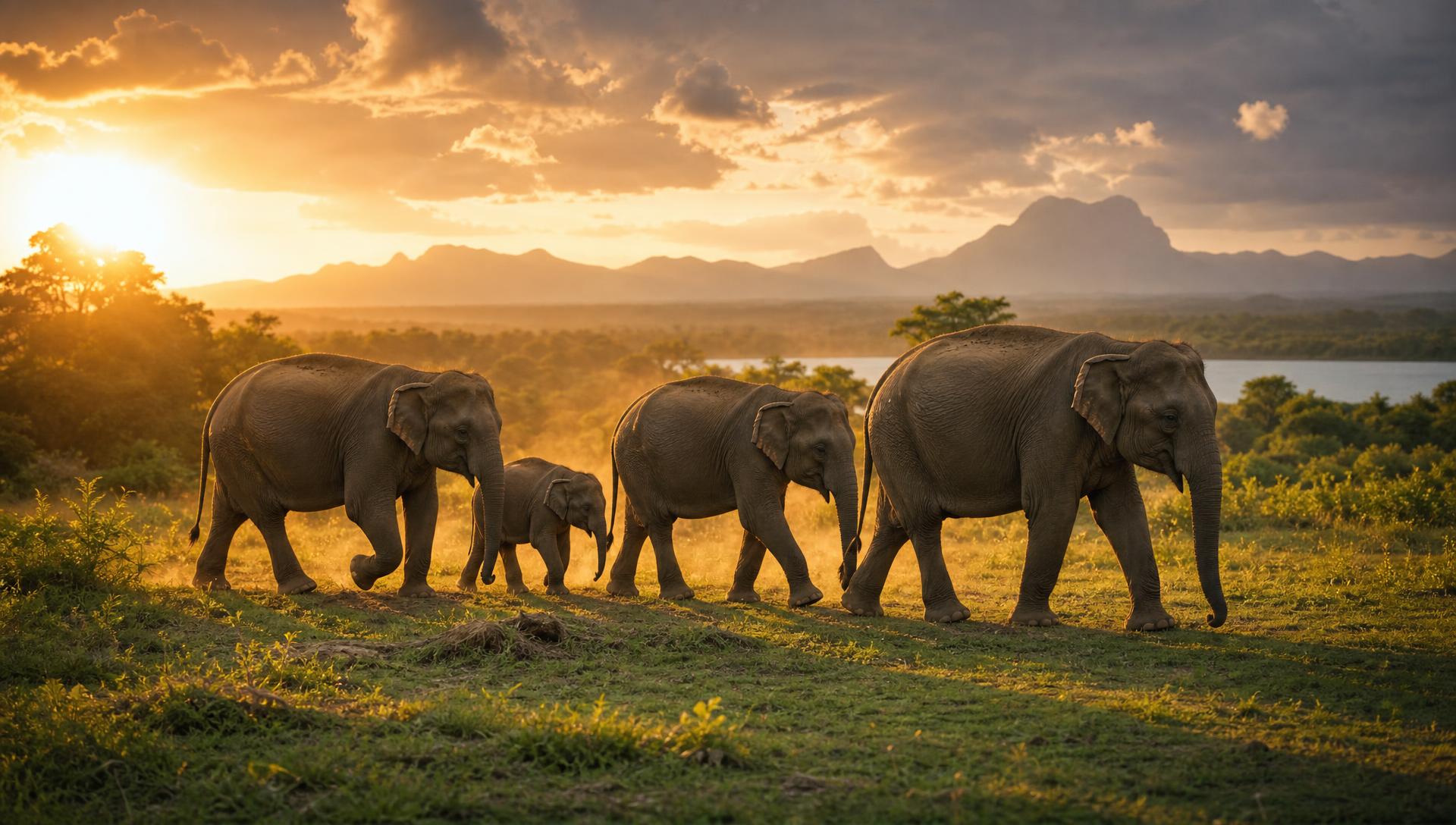 Elefantes salvajes cruzando una llanura verde al atardecer en Sri Lanka