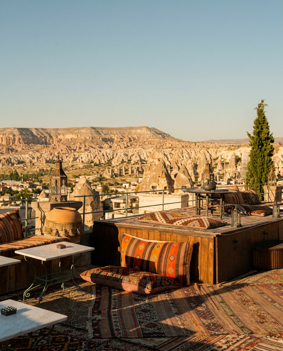Terraza con kilims frente al valle de Capadocia al atardecer