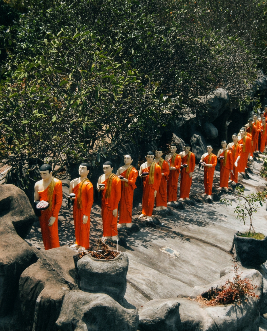 Procesión de figuras de monjes en un templo de Sri Lanka